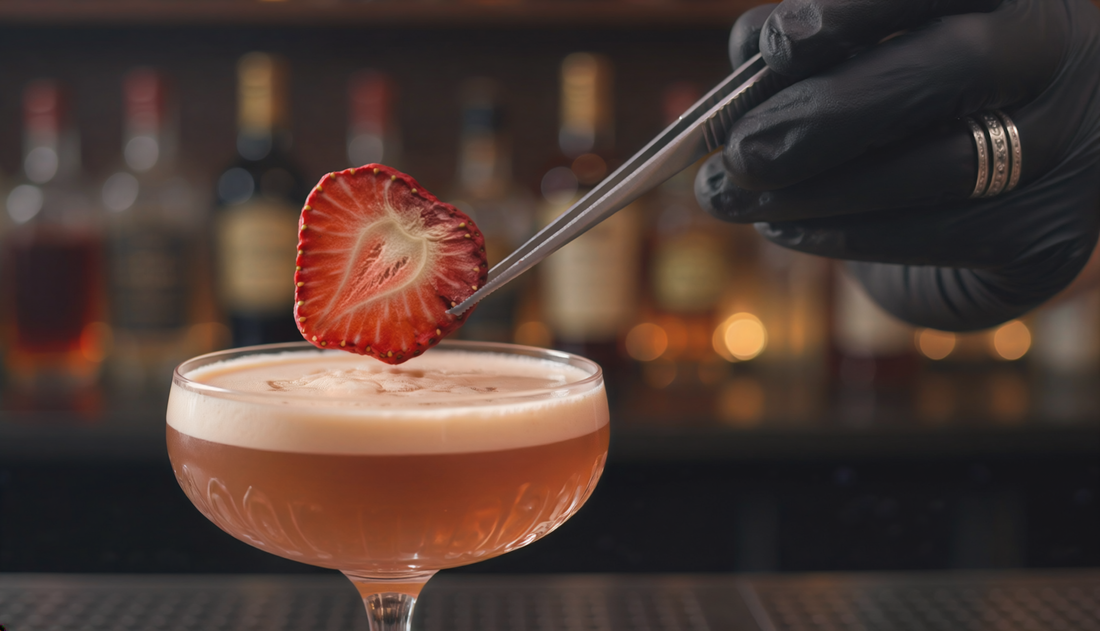 Alkoholfri jordgubbsdrink med frystorkat jordgubbschips på glaskanten