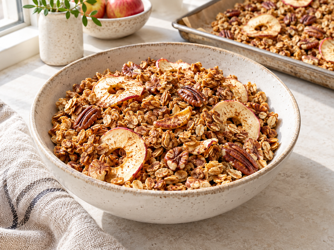Äppelgranola med kanel och frystorkade äppelskivor
