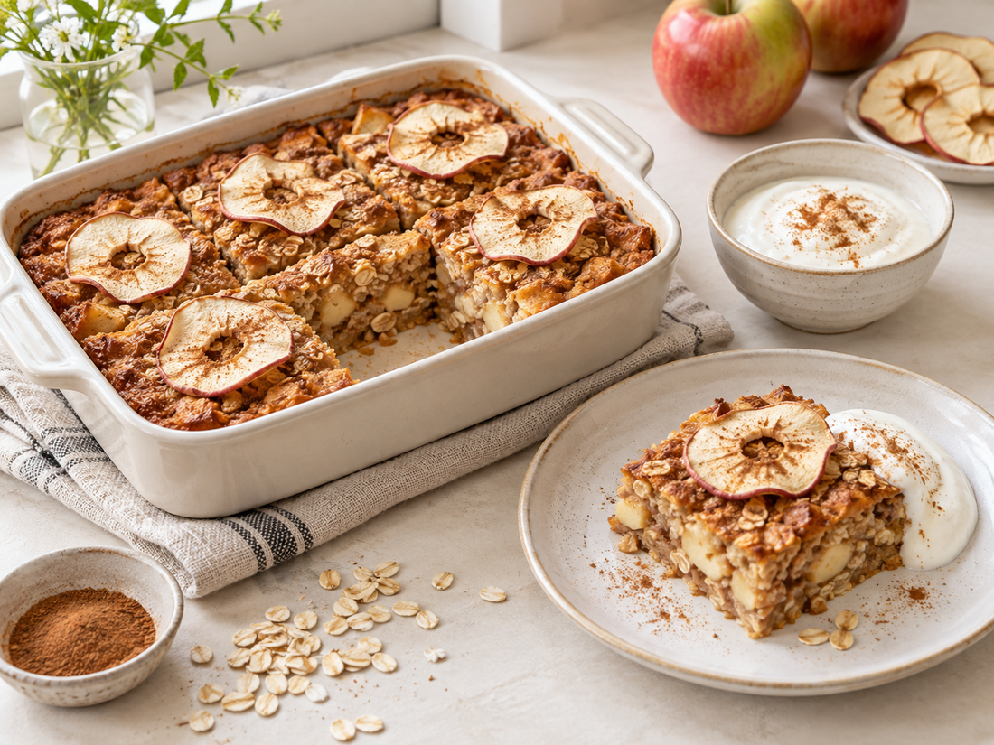Bakad gröt med äpple, kanel och frystorkade äppelskivor