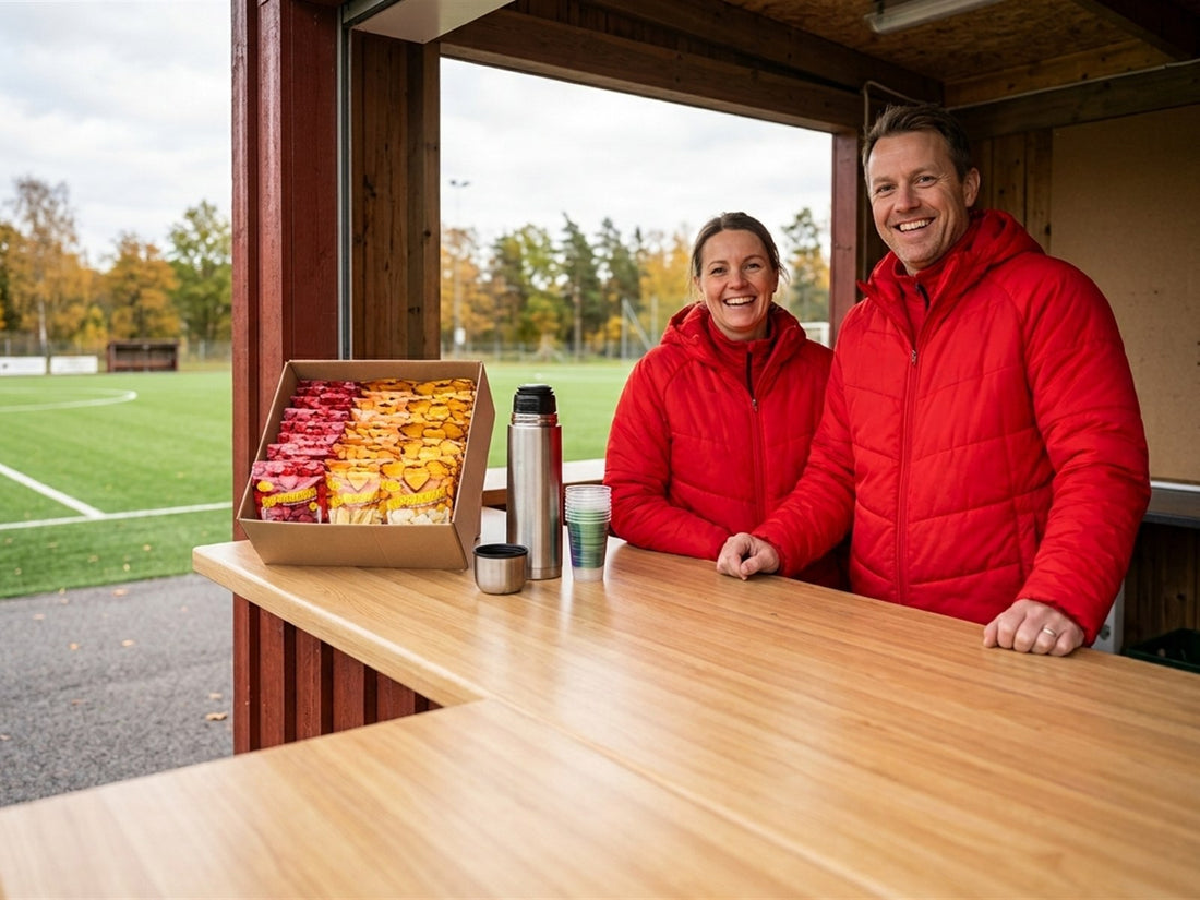 Två ledare i röda klubbjackor i kiosken vid fotbollsplanen, med en kiosklåda Hälsosnacks-påsar på disken