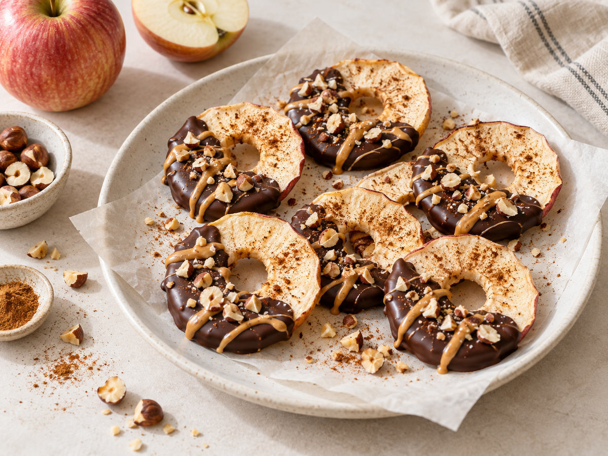 Chokladdoppade frystorkade äppelringar med nötter