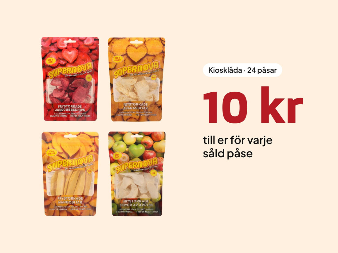 Kiosklåda med Hälsosnacks i fyra smaker – föreningen tjänar 10 kr per såld påse