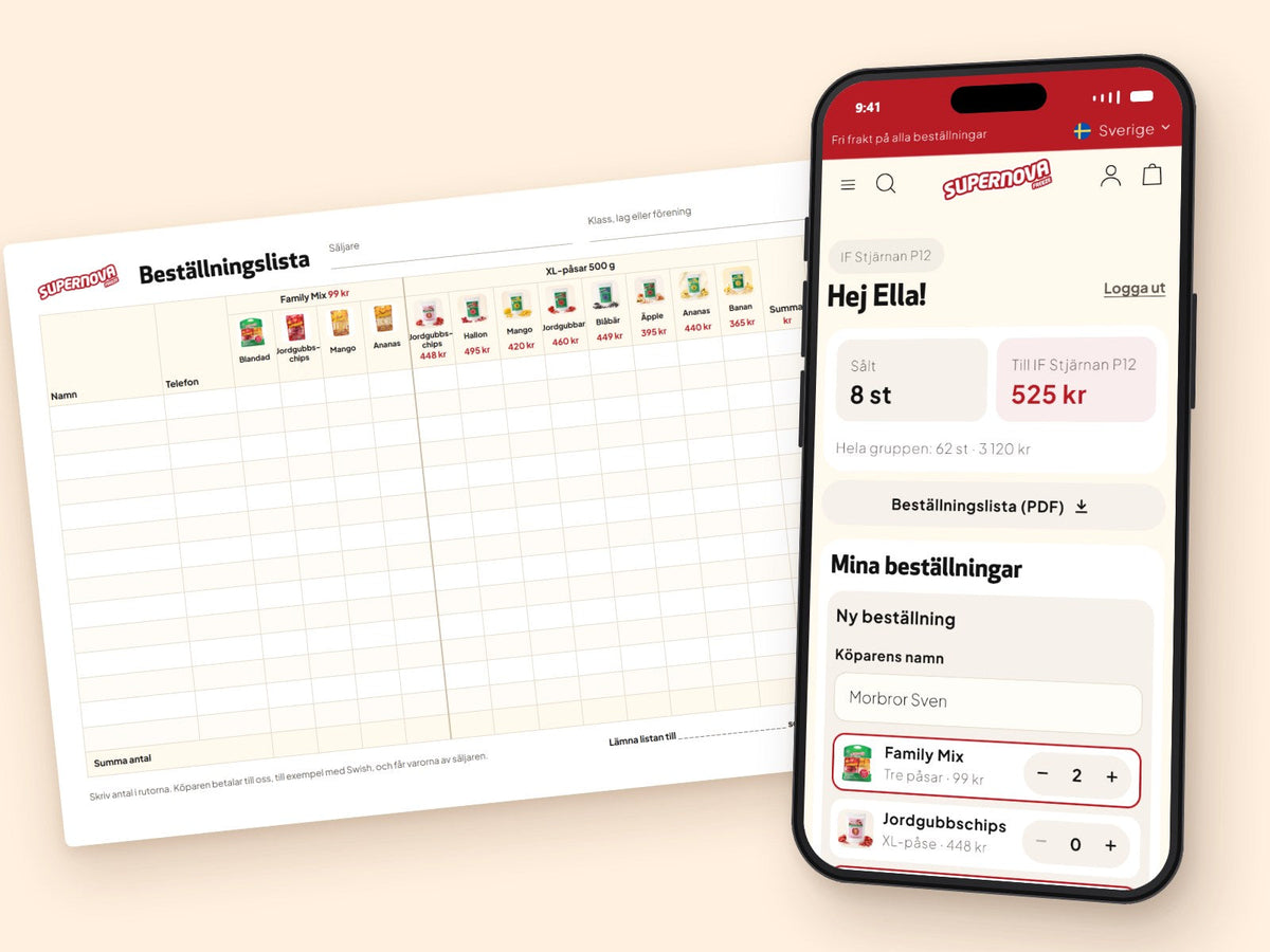 Beställningslistan på papper bredvid säljarsidan i mobilen