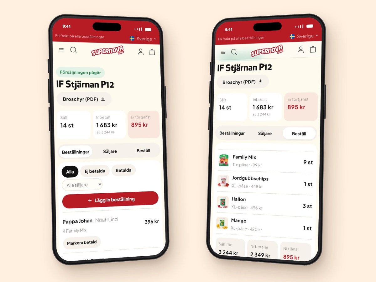 Föreningsportalen i mobilen med beställningar, inbetalt och samlad beställning