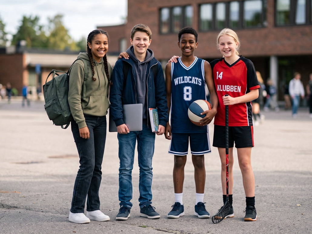 Två elever och två unga idrottare på en skolgård