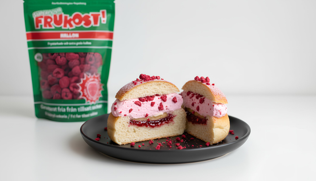 Hallonsemla med frystorkade hallon i grädden – Supernova Freeze