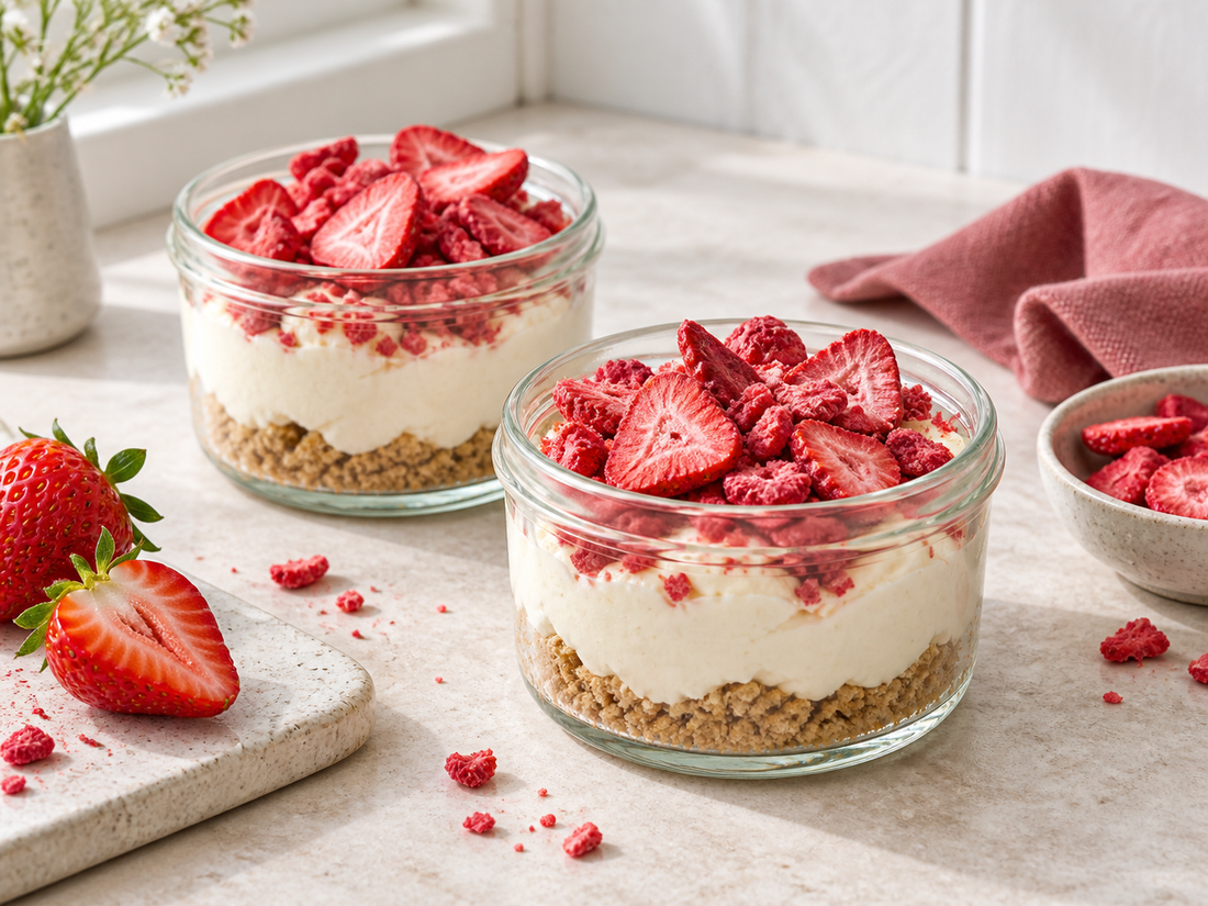 Jordgubbscheesecake i glas med frystorkade jordgubbar