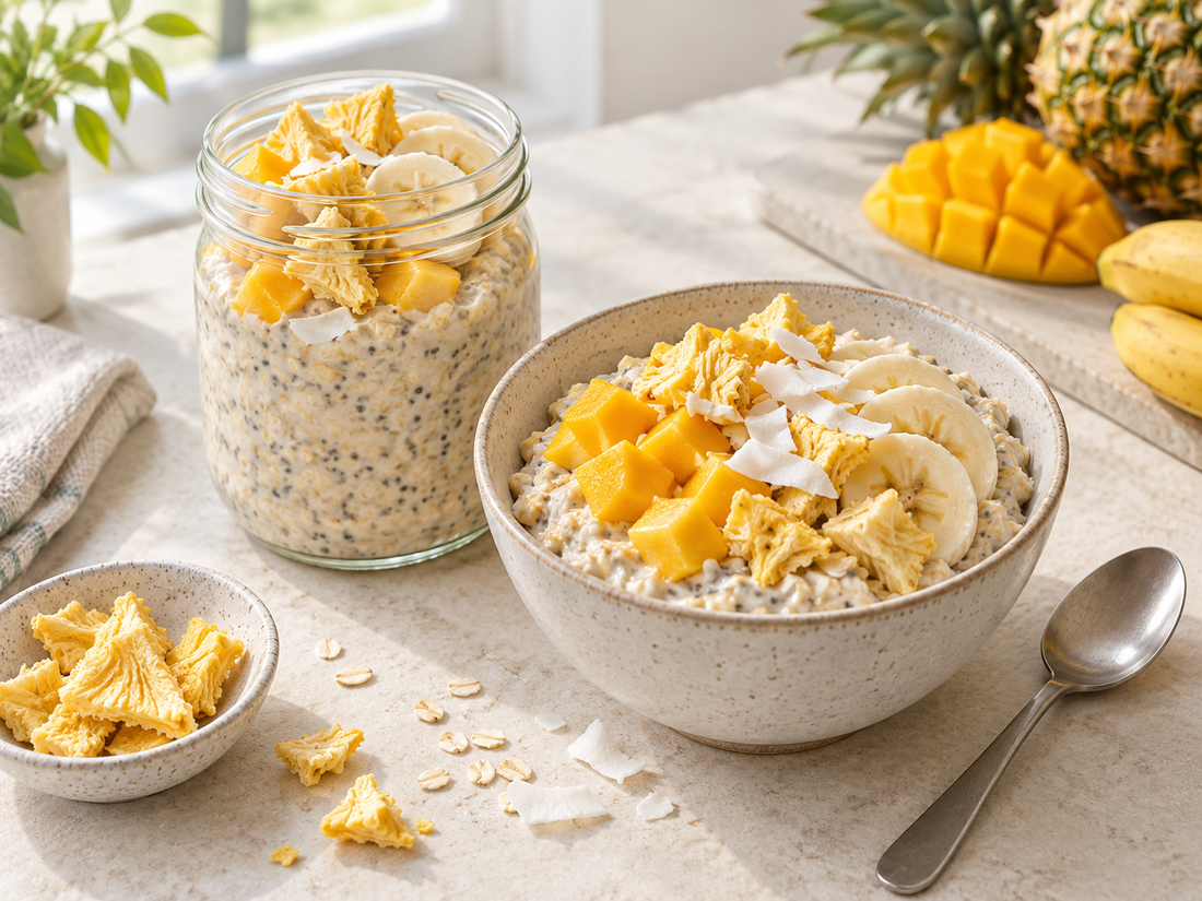 Tropisk overnight oats med ananas, mango och banan